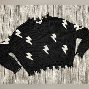 Juniors S (3/5) NoBo Lightning Bolt Frayed Distressed Cropped Black Sweater EUC